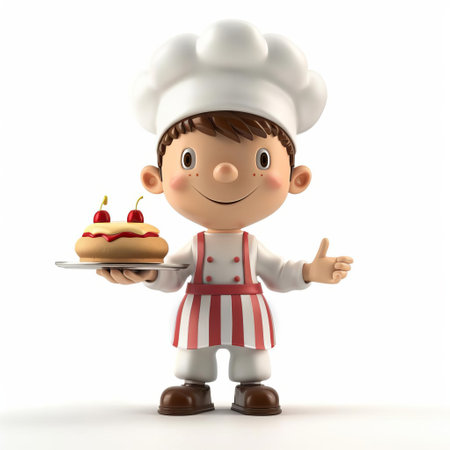 3D cartoon young chef presenting a cake with cherries, wearing a white hat and striped apron, isolated on a white background with space for textの素材