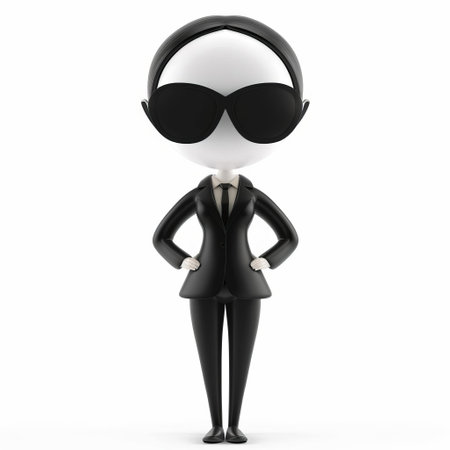 3D illustration of a stylized female character in a black business suit with oversized sunglasses, on a white background with space for textの素材