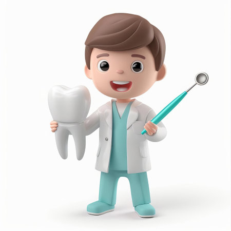 3D cartoon illustration of a smiling, male dentist character holding a giant tooth and dental mirror, perfect for dental care and hygiene concepts with copy spaceの素材