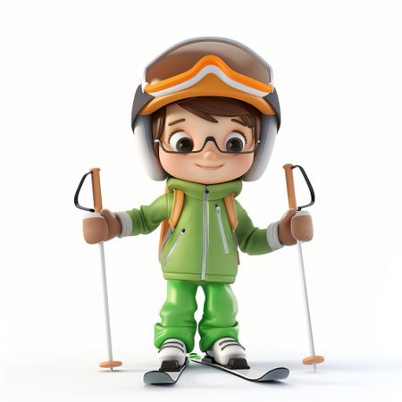 3D animated character of a child dressed in ski gear with skis and poles on a clean white background with ample space for text, ideal for winter sports or holiday conceptsの素材