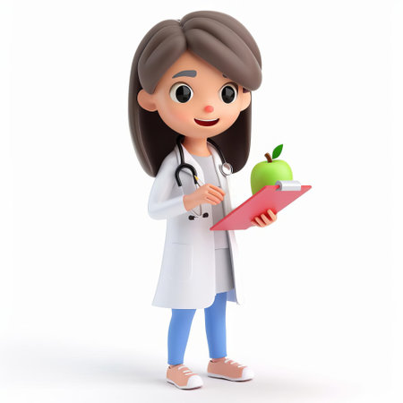 3D animated female doctor holding a clipboard and a green apple, representing healthcare and nutrition, with space for text on a white backgroundの素材