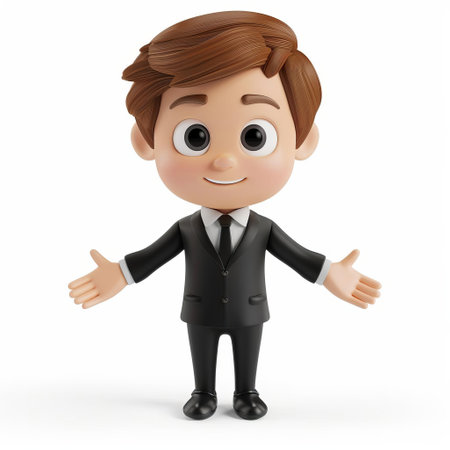 3D cartoon character of a young boy in a black suit with a welcoming gesture, isolated on white background with space for text Perfect for presentations or business oriented educational materialsの素材