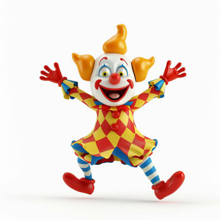 Cheerful cartoon clown in colorful costume and makeup, joyfully jumping against a white background with space for text, perfect for childrens events and circus themed promotionsの素材
