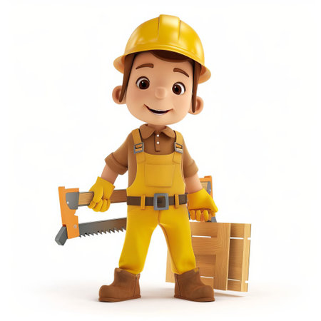 3D cartoon illustration of a cheerful young construction worker with hard hat and tools, isolated on a white background with space for textの素材