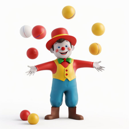 3D illustration of a cheerful clown juggling colorful balls on a white background with ample copy space, ideal for childrens event promotions or circus themed design projectsの素材