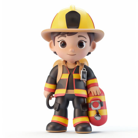 3D illustration of a childlike firefighter character in uniform with helmet and tools, isolated on a white background with ample space for textの素材