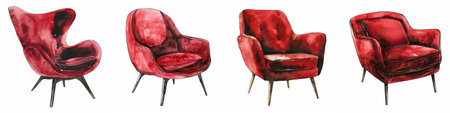 Set of four different red watercolor armchairs on a white background, ideal for interior design concepts and home decor advertisements, with space for textの素材