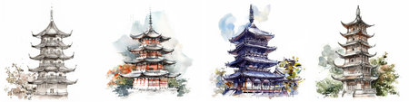 Set of four watercolor paintings depicting traditional Asian pagodas in different artistic styles, suitable for cultural themes, travel material, or as artistic backgrounds with copy spaceの素材