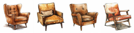 Watercolor illustration set of vintage armchairs, suitable as a background for interior design themes, with space for text on the backdropの素材