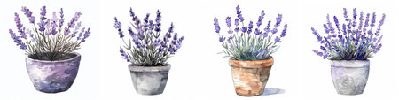 Watercolor illustration set of lavender flowers in decorative pots, perfect for gardening related designs with copy spaceの素材