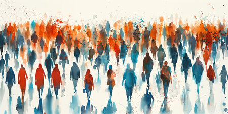 Large group of people walking in a crowd. Crowd of people silhouettes.の素材