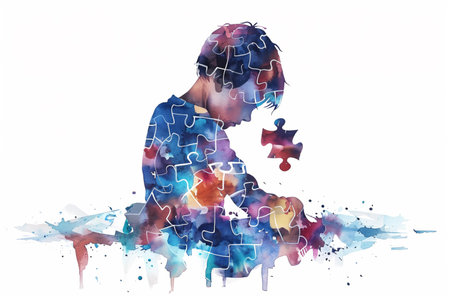 Puzzle game. Illustration of a boy playing jigsaw puzzleの素材