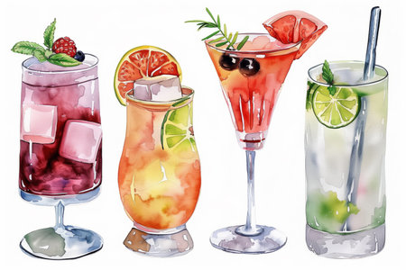 Watercolor illustration of a set of cocktails with ice and berries.の素材
