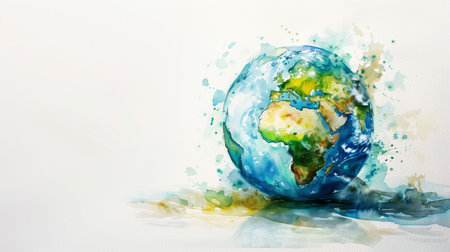 watercolor painting of planet earth with watercolor splashes on white backgroundの素材