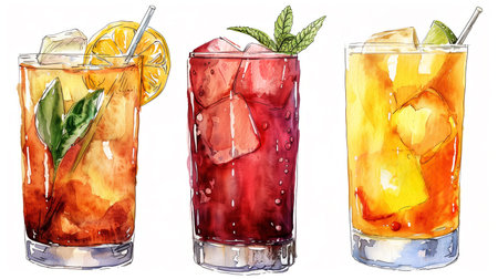 Watercolor set of cocktails with ice and mint, hand drawn illustrationの素材