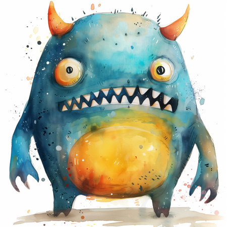 Funny monster. Watercolor painting on white background. Illustrationの素材