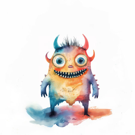 Watercolor illustration of a cute little monster on a white background.の素材