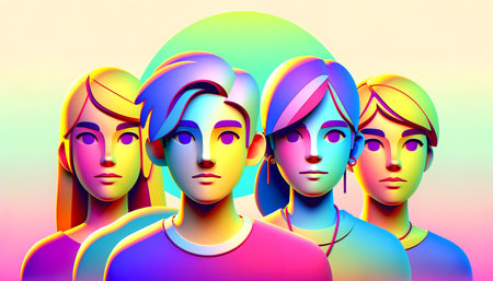 Vibrant digital illustration of a diverse group of stylized people with gradient colors, conceptually related to unity, inclusivity, and International Friendship Dayの素材