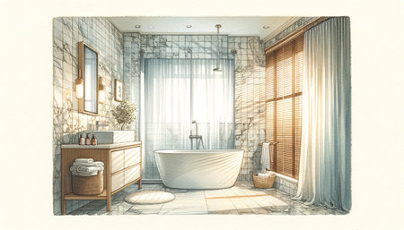 Modern bathroom interior design with natural light, freestanding bathtub and walk in shower, ideal for real estate, home improvement, and lifestyle conceptsの素材