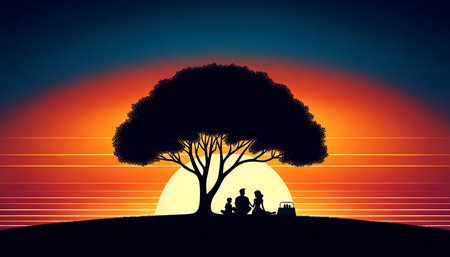 Silhouetted family picnic under a tree at sunset, evoking concepts of togetherness and relaxation, ideal for summer holidays and family day conceptsの素材