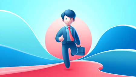 Stylized illustration of a cheerful businessman walking confidently with a briefcase, ideal for concepts of success, career growth, and corporate environmentsの素材