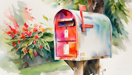 Mailbox with flowers on white background. Digital watercolor painting.の素材
