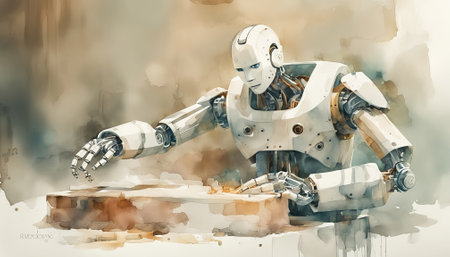 Digital painting of a robot sitting on a wooden surface. Digital painting.の素材