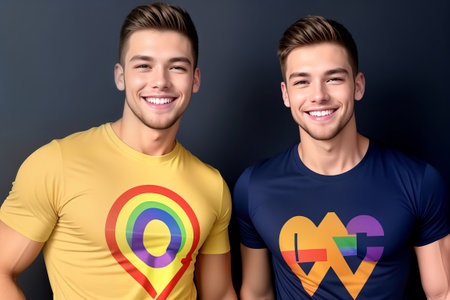 Portrait of two happy young men in t-shirts with lgbt flagの素材