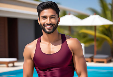 Portrait of smiling young man standing by swimming pool in hotel resortの素材