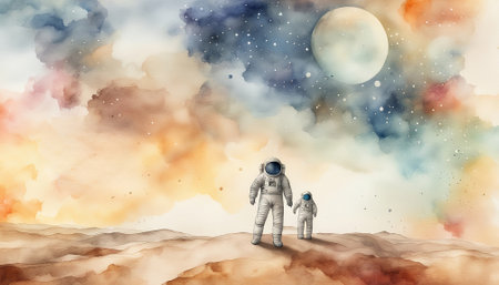 Astronaut and his son on the moon surface. Mixed mediaの素材