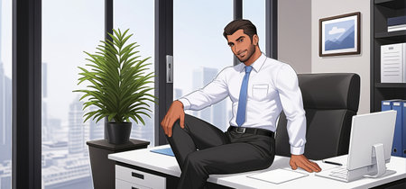 Businessman sitting at his desk in the office with his legs crossedの素材