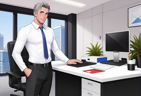 Businessman in modern office interior. 3D rendering and illustration.の素材