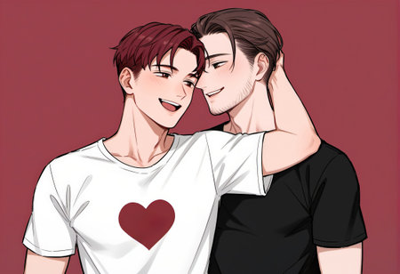 Portrait of a young couple in love on a red background.の素材