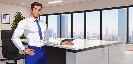 Handsome businessman standing in modern office with city view in the backgroundの素材