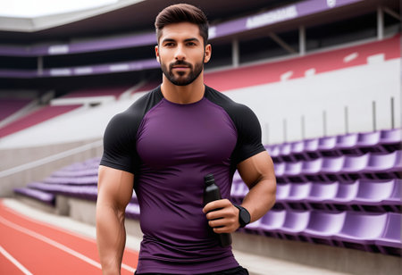 fitness, sport, training, gym and lifestyle concept - smiling young man with bottle of water at stadiumの素材