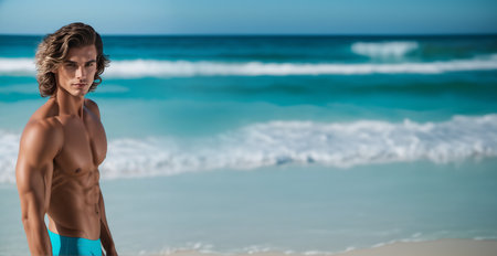Portrait of shirtless man looking at camera while standing on beachの素材