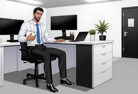 Vector illustration of a doctor sitting in the office and working on computerの素材