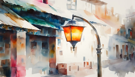 Street lamp in the old town. Watercolor painting. Digital illustration.の素材