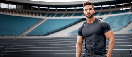 Portrait of sporty man standing against composite image of empty stadiumの素材