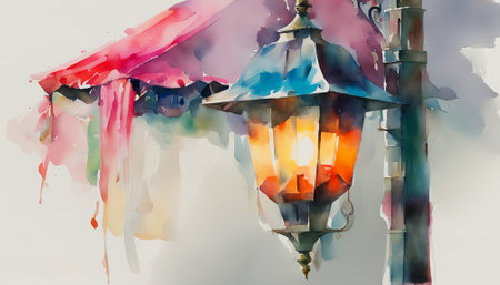 Watercolor painting of a street lamp. Hand-drawn illustration.の素材
