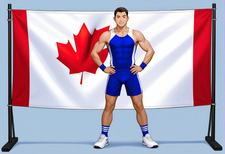 Canadian Athlete in front of the flag of Canada. Sport and Fitness Concept.の素材