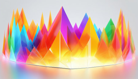 3d illustration of multicolored glass pyramids on white backgroundの素材