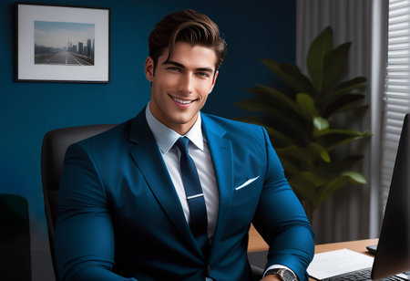 Handsome young businessman sitting at his desk in the office.の素材