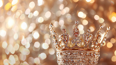Sparkling, jeweled crown against a festive background, symbolizing royalty and celebration, perfect for New Years Eve or pageant conceptsの素材