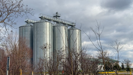 Industrial grain silos under a cloudy sky symbolize agricultural storage solutions and food security challenges in rural regionsの写真素材