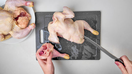 Hands preparing raw chicken on a cutting board, illustrating food preparation and hygiene, perfect for Thanksgiving cooking conceptsの写真素材