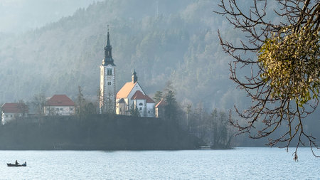 Panoramic view of Bled lake in Slovenia.の写真素材