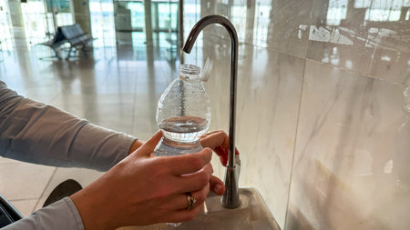 A woman of European descent fills a water bottle at a sleek airport station, evoking Earth Days mindful hydrationの写真素材