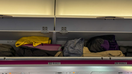 Overflowing airplane overhead bins, vibrant jackets nestled beside quirky travel charms, conjure Jet Lag and Globetrotters Zenの写真素材