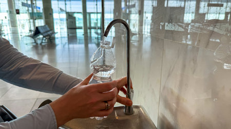 A traveler refills a bottle at a chrome fountain, evoking World Water Day mindfulness and eco friendly hydration ritualsの写真素材